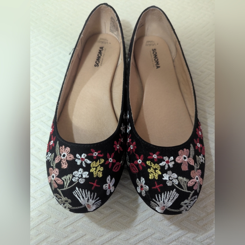 Sonoma Black Floral Embroidered Ballerina Flats - Sz 7.5